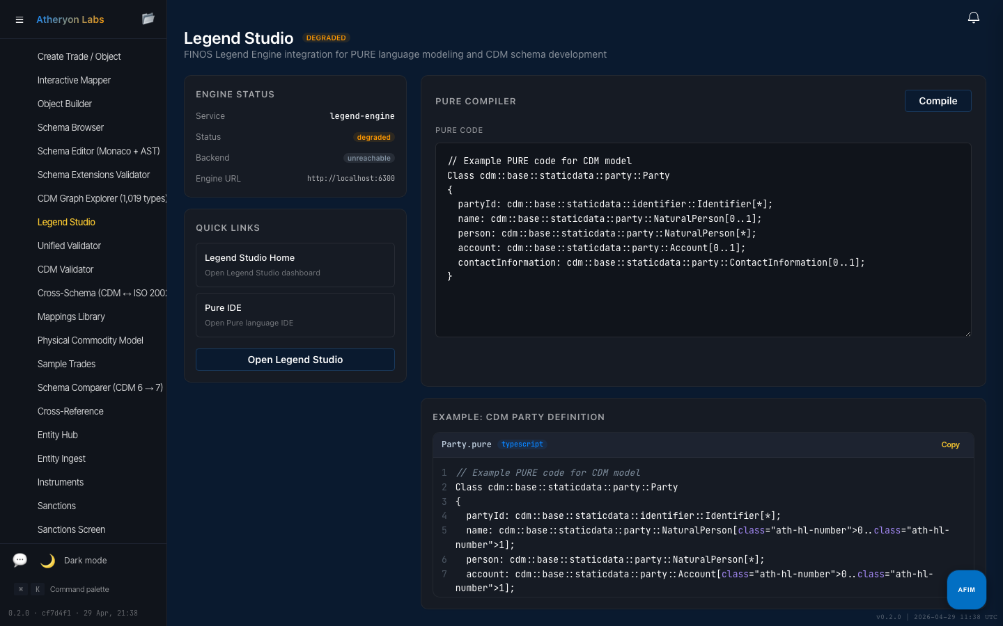 Legend Studio integration showing the FINOS Legend Engine status, PURE compiler, sample CDM Party definition with PURE source code, and the open Legend Studio launcher