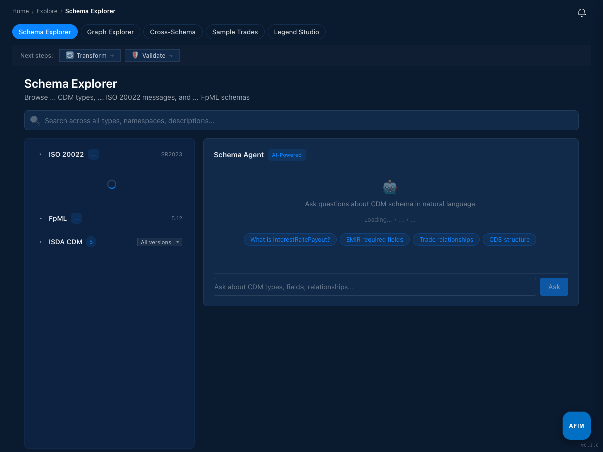 Atheryon Labs — Schema Explorer browsing CDM, ISO 20022, and FpML types with the AI-powered schema agent